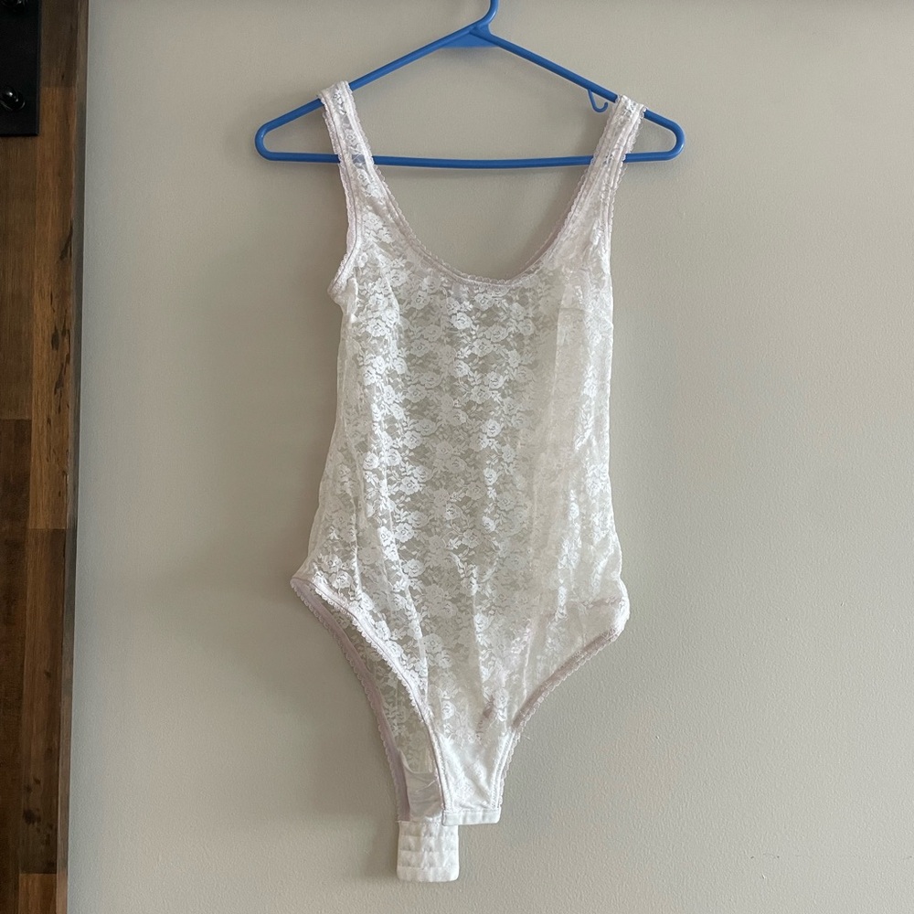 White Lace Bodysuit with Pink Trim